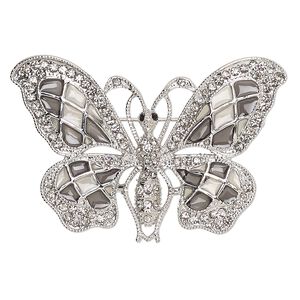 Brooch, glass rhinestone / enamel / imitation rhodium-finished "pewter" (zinc-based alloy), grey and clear, 58x35mm butterfly. Sold individually.