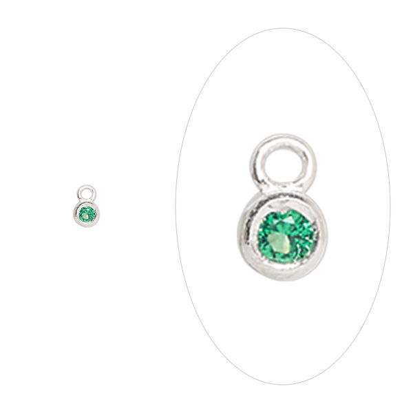 Drop, sterling silver and cubic zirconia, May emerald, 2.5mm single-sided birthstone round. Sold per pkg of 2. image number 0
