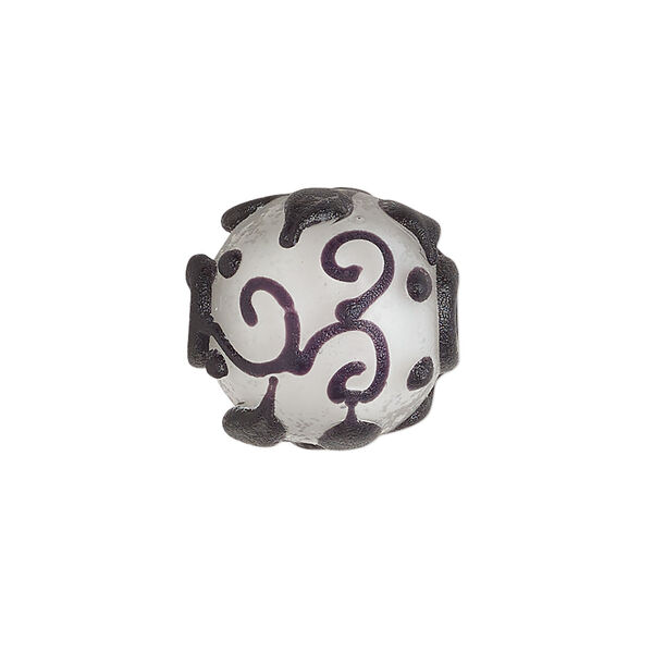 Bead, lampworked glass, opaque matte black and white with leaf and swirl design, 18mm round. Sold individually. image number 0