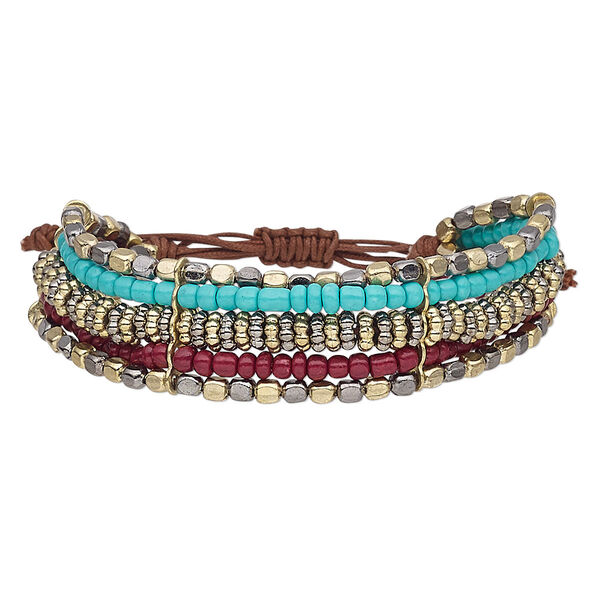 Bracelet, 5-strand, waxed cotton cord / glass / gold-coated acrylic / gunmetal-plated / gold-finished steel, multicolored, 22mm wide, adjustable from 7-9 inches with macramé knot closure. Sold individually. image number 0