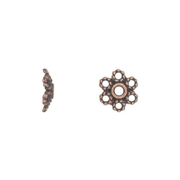 Bead cap, antique copper-plated "pewter" (zinc-based alloy), 10x3mm flower, fits 10-14mm bead. Sold per pkg of 50. image number 0