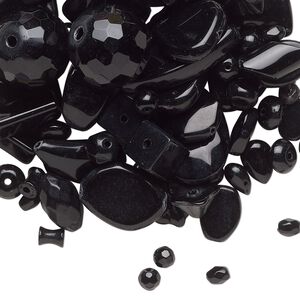 Bead mix, glass, opaque black, 5mm-30x19mm mixed shapes. Sold per 1/4-pound pkg, approximately 90 beads.