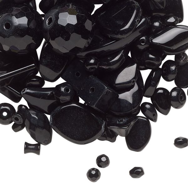 Bead mix, glass, opaque black, 5mm-30x19mm mixed shapes. Sold per 1/4-pound pkg, approximately 90 beads. image number 0