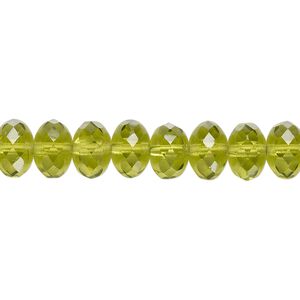 Bead, Czech fire-polished glass, transparent olivine, 9x5mm faceted rondelle. Sold per 15-1/2" to 16" strand.