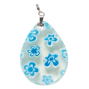 Focal, millefiori glass and silver-finished steel 1pkg1, translucent and transparent clear / blue / white, 38x30mm-40x30mm puffed teardrop.