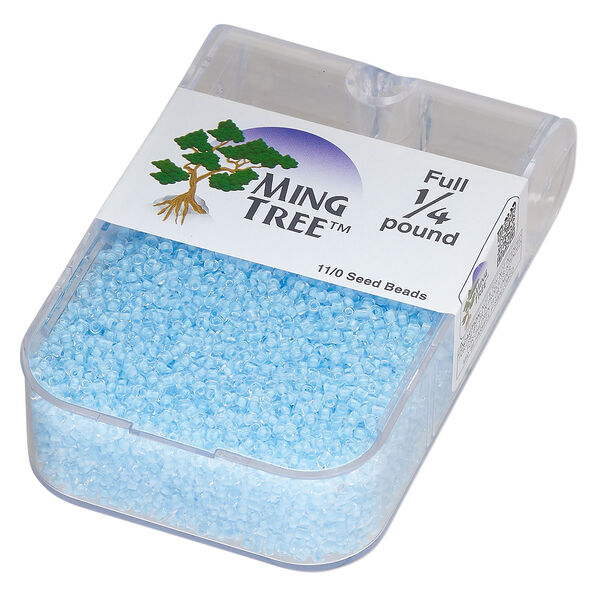Seed bead, Ming Tree™, glass, pkg/1/4 pound, #11 round, transparent color-lined aqua. image number 0