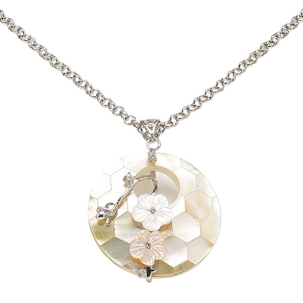 Necklace, resin / gold lip shell / freshwater pearl shell (dyed / assembled) / glass rhinestone / imitation rhodium-plated brass, pink and clear, 41mm round go-go with flowers, 18 inches with 3-inch extender chain and lobster claw clasp. Sold individually. image number 0