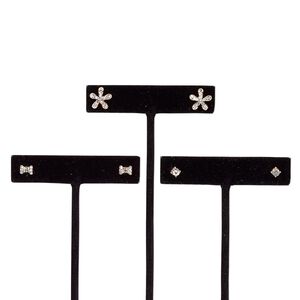 Earring, glass rhinestone / stainless steel / rose gold-finished steel / "pewter" (zinc-based alloy), clear, 4x4mm square / 7x4mm bow / 11x11mm flower with post. Sold per pkg of 3 pairs.