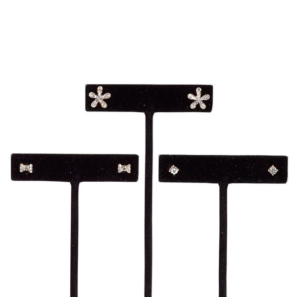 Earring, glass rhinestone / stainless steel / rose gold-finished steel / "pewter" (zinc-based alloy), clear, 4x4mm square / 7x4mm bow / 11x11mm flower with post. Sold per pkg of 3 pairs. image number 0