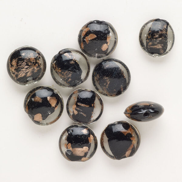 Bead, lampworked glass, opaque black and clear with copper-colored glitter, 19-21mm puffed flat round. Sold per pkg of 10. image number 0