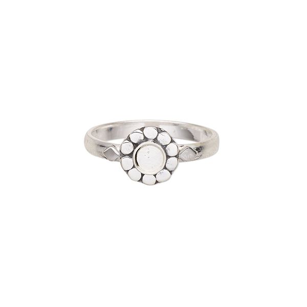 Ring, antiqued sterling silver, 3mm wide with smooth flower design and 4mm round glue-in setting, size 9. Sold individually. image number 0
