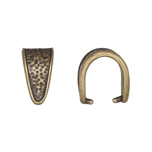 Bail, TierraCast®, "Hammertone" collection, ice-pick, antique brass-plated pewter (tin-based alloy), 16x9mm with hammered design and 12mm grip. Sold per pkg of 2. image number 0