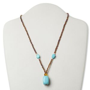 Magnesite / glass / "pewter" (zinc based-alloy) 1pkg1, silver-finished / antiqued gold-finished rainbow tumbled nugget necklace / 17 inch / lobster claw clasp / large
