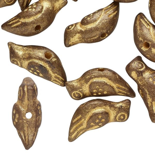 Bead, pressed clay, brown with gold, 19x7mm-21x9mm handmade bird. Sold per pkg of 20. image number 0