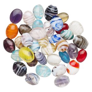 Bead mix, lampworked glass, pkg/4 ounces, opaque to transparent mixed colors with silver-colored foil and copper-colored glitter, 14x10mm-24x19mm puffed oval.