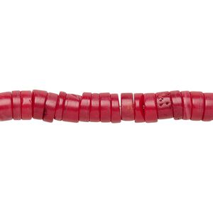 Bead, coral (dyed), red, 6x3mm hand-cut heishi, Mohs hardness 3-1/2 to 4. Sold per 15-1/2" to 16" strand.