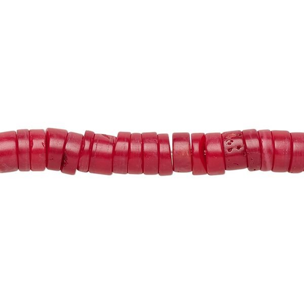 Bead, coral (dyed), red, 6x3mm hand-cut heishi, Mohs hardness 3-1/2 to 4. Sold per 15-1/2" to 16" strand. image number 0