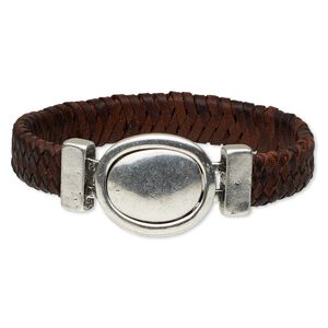 Bracelet, leather (dyed) and silver-plated "pewter" (zinc-based alloy), brown, 14mm wide braided, 7-1/2 inches with 50x28mm oval magnetic buckle-style closure. Sold individually.