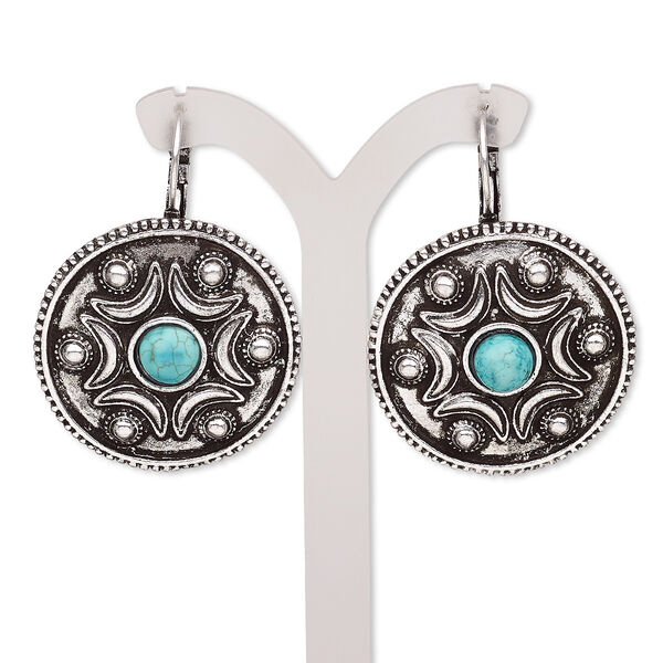 Earring, magnesite (dyed / stabilized) with antique silver-plated brass and "pewter" (zinc-based alloy), blue, 46mm with round and leverback ear wire. Sold per pair. image number 0