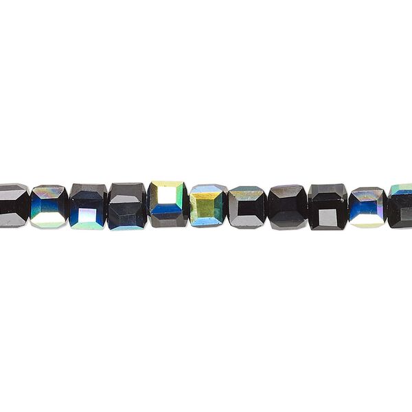 Bead 1pk 18 facets opaque black AB, Celestial Crystal® 4mm cube 15.5-16 inch image number 0