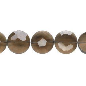 Smoky quartz 1pkg5, hand-cut faceted flat round bead 12mm