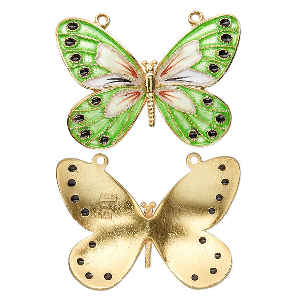 Focal, "vermeil" with cloisonné, green, 36x27mm butterfly. Sold individually. image number 0