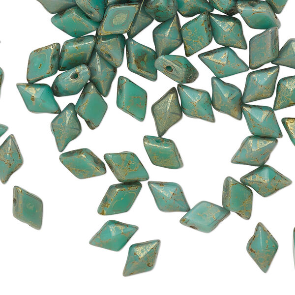 Bead, DiamonDuo™, Czech pressed glass, opaque luminous pecan green turquoise, 8x5mm faceted diamond with flat back and (2) 0.7-0.8mm holes. Sold per 50-gram pkg, approximately 350 beads. image number 0