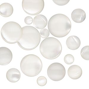 Cabochon, mother-of-pearl shell (bleached), 4-12mm non-calibrated round, Mohs hardness 3-1/2. Sold per pkg of 20.