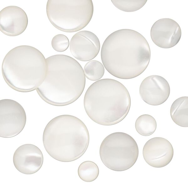 Cabochon, mother-of-pearl shell (bleached), 4-12mm non-calibrated round, Mohs hardness 3-1/2. Sold per pkg of 20. image number 0