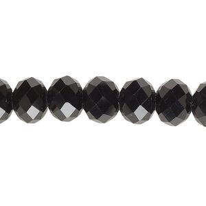Bead, glass, opaque black, 9x7mm-10x8mm faceted rondelle. Sold per 7-inch strand, approximately 25 beads.