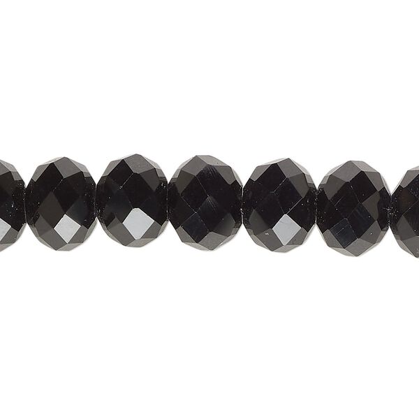 Bead, glass, opaque black, 9x7mm-10x8mm faceted rondelle. Sold per 7-inch strand, approximately 25 beads. image number 0