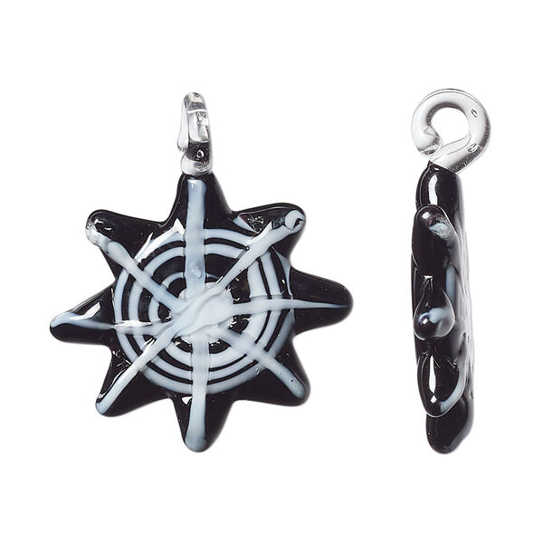 Drop, lampworked glass, black and white, 25x24mm single-sided spiderweb. Sold individually. image number 0