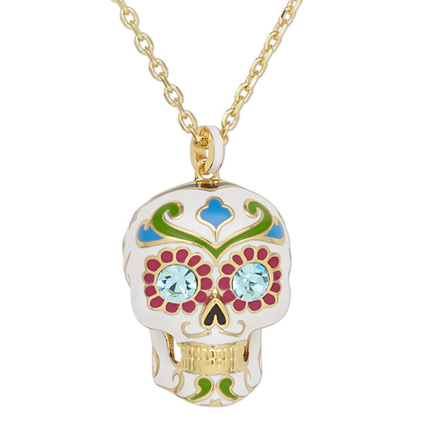 Necklace, gold-plated brass / enamel / glass rhinestone, white and multicolored, 34x26mm Dia de Los Muertos skull with flower and swirl design, 24 inches with 2-inch extender chain and lobster claw clasp. Sold individually. image number 0