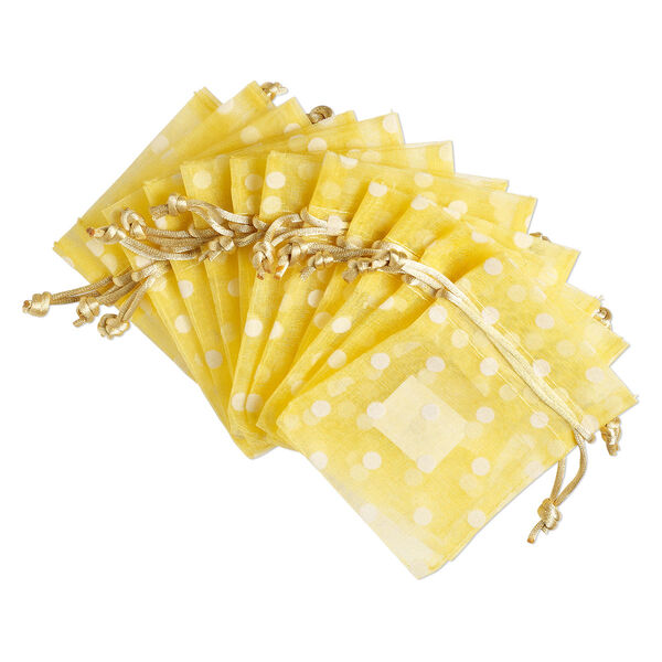 Pouch, flocked organza, yellow and white, 4x3 inches with dots pattern and drawstring closure. Sold per pkg of 12. image number 0