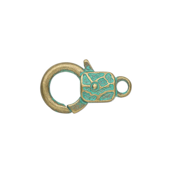 Clasp, lobster claw, antique brass-plated "pewter" (zinc-based alloy), green patina, 19.5x13mm double-sided with textured design. Sold per pkg of 8. image number 0