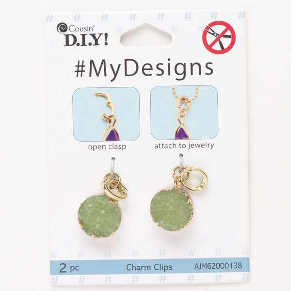 Drop, steel / brass / druzy agate (dyed), pkg/2, gold finish and light green, 19x15mm round with snap lock bail. image number 0