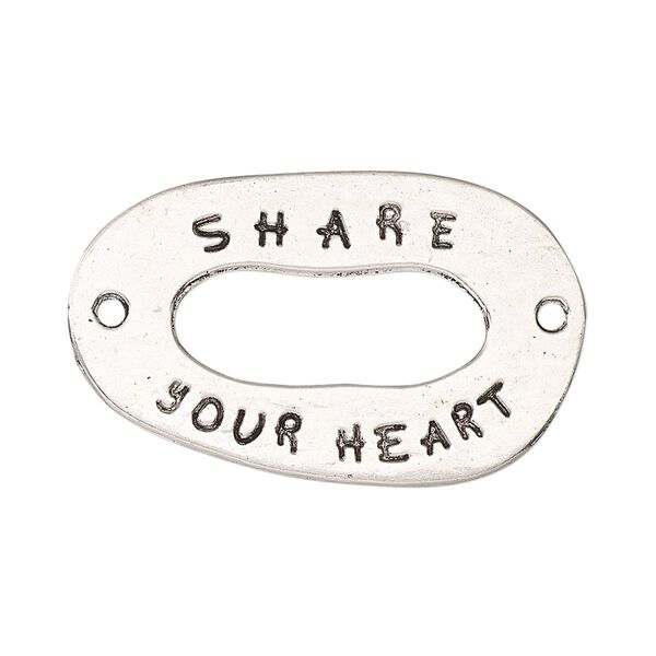 Link, antique silver-finished "pewter" (zinc-based alloy), 35x21mm single-sided open oval with "SHARE YOUR HEART." Sold per pkg of 2. image number 0