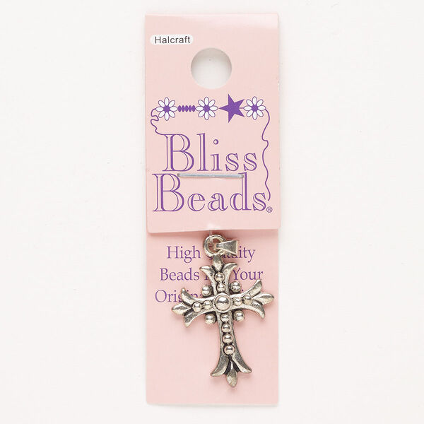 Pendant, "pewter" (zinc-based alloy), pkg/1, antique silver finish, 25x20mm fancy cross. image number 0