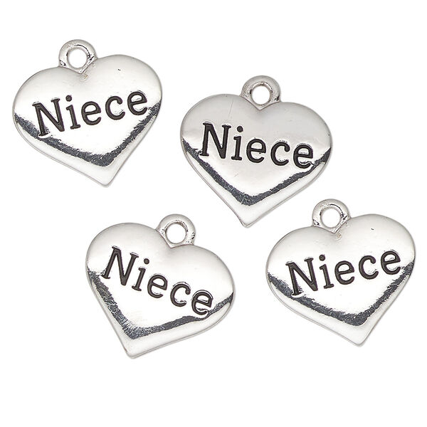 Charm, antique silver-finished "pewter" (zinc-based alloy) enamel, black, 16x13mm heart with "Niece". Sold per pkg of 4. image number 0