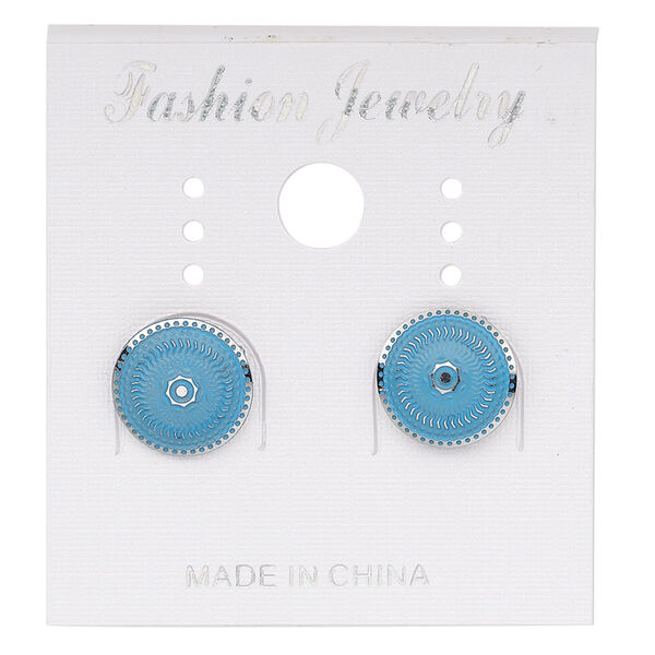 Earstud, stainless steel, blue patina, 10mm round with sun and wavy line design. Sold per pair. image number 0