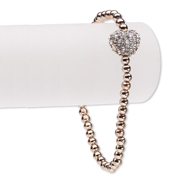 Bracelet, stretch, Czech glass rhinestone with copper-finished brass and "pewter" (zinc-based alloy), clear, 14mm wide with 14x12mm heart, 6-1/2 inches. Sold individually. image number 0