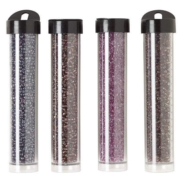 Seed bead assortment, Ming Tree™, glass, pkg/(4) 4 x 3/4 inch vials, #11 round, transparent silver-lined color-lined purple and amethyst purple. image number 0