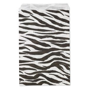 Bag, paper, white and black, 9x6 inches with zebra print and scalloped top edge. Sold per pkg of 100.