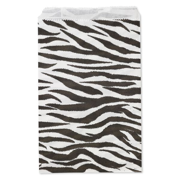 Bag, paper, white and black, 9x6 inches with zebra print and scalloped top edge. Sold per pkg of 100. image number 0