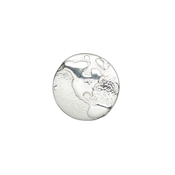 Charm, sterling silver, 17mm single-sided slightly domed round with embossed western hemisphere. Sold individually. image number 0