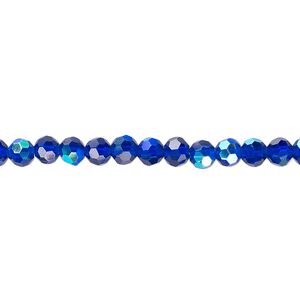 Bead 1pk 32 facets translucent cobalt blue AB, Celestial Crystal® 4mm round 15.5-16 inch