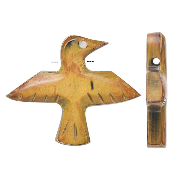 Focal, horn (dyed) and resin, yellow, 44x32mm hand-carved side-drilled single-sided bird. Sold per pkg of 2. image number 0