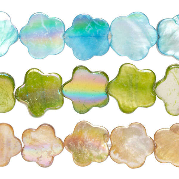 Bead mix, mother-of-pearl shell (bleached / dyed), multicolored AB, 14x13mm-16x15mm flat flower and flat stars with 0.4-0.6mm hole, Mohs hardness 3-1/2. Sold per pkg of (3) 15-inch strands. image number 0