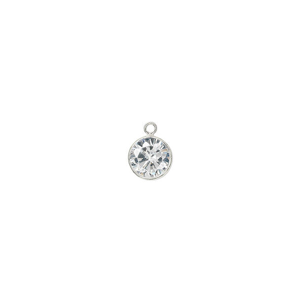 Drop, sterling silver and cubic zirconia, clear, 6.5mm round with 6mm faceted round. Sold individually. image number 0