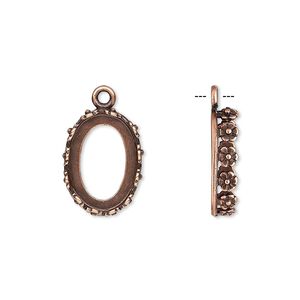 Drop, JBB Findings, antique copper-plated brass, 16x12mm oval with open back and flower design trim, 14x10mm oval bezel setting. Sold per pkg of 2.
